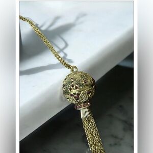 Vintage Turkish ant gold tone,etched w/crystal rubies,tassel pendant necklace